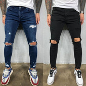 Mehed Teksad Põlveauk Rebenenud Stretch Kitsad Denimpüksid Ühevärvilised Must Sinine Sügissuvi Hip-Hop Stiilis Slim Fit Püksid S-4XL