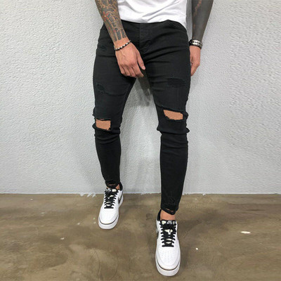 Mehed Teksad Põlveauk Rebenenud Stretch Kitsad Denimpüksid Ühevärvilised Must Sinine Sügissuvi Hip-Hop Stiilis Slim Fit Püksid S-4XL