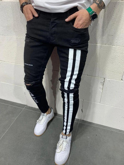 Mehed Teksad Põlveauk Rebenenud Stretch Kitsad Denimpüksid Ühevärvilised Must Sinine Sügissuvi Hip-Hop Stiilis Slim Fit Püksid S-4XL