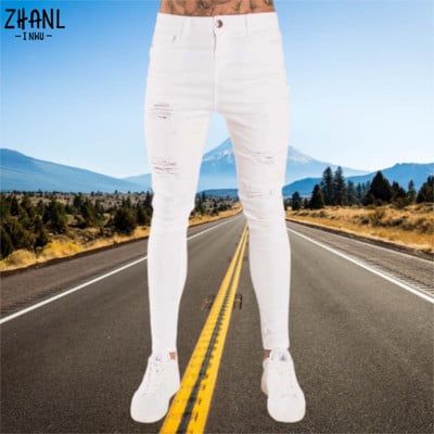 Blugi cu talie elastică pentru bărbați, blugi skinny 2023, pantaloni elastici din denim rupti, îmbrăcăminte de stradă, pantaloni de jogging de înaltă calitate, pentru bărbați