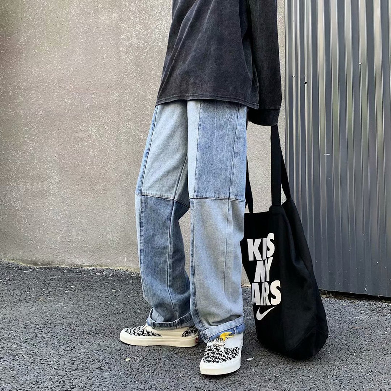 Meeste pesu Splice vabaaja sirge kerjuse plaaster lapiline teksapüksid püksid meeste mood Tänavarõivad Harajuku lahtised hiphopi teksapüksid