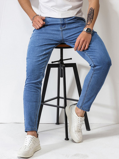 Muške traperice Skinny Isprane Jednobojne rastezljive pencil hlače Modne ulične uske traperice Traperice Hlače za trčanje Plave