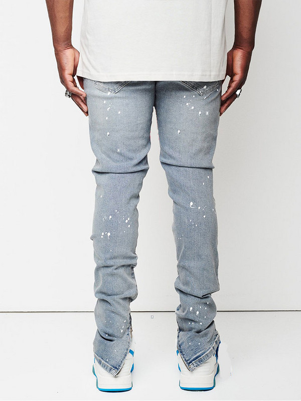 Külglõhe tõmblukuga Teksad Meeste Värv Slim Fit Puuvillane Ribestatud Denimpüksid Sügisene High Street Mood Põlve Abrasioon Helesinised Teksad