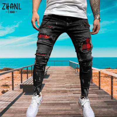 Ανδρικό τζιν με μπογιά Skinny Jeans Sexy Hole Grid Stretch Denim Παντελόνι Casual MAN Ελαστική μέση Patchwork Παντελόνι για τζόκινγκ