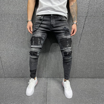 Ανδρικό τζιν με μπογιά Skinny Jeans Sexy Hole Grid Stretch Denim Παντελόνι Casual MAN Ελαστική μέση Patchwork Παντελόνι για τζόκινγκ