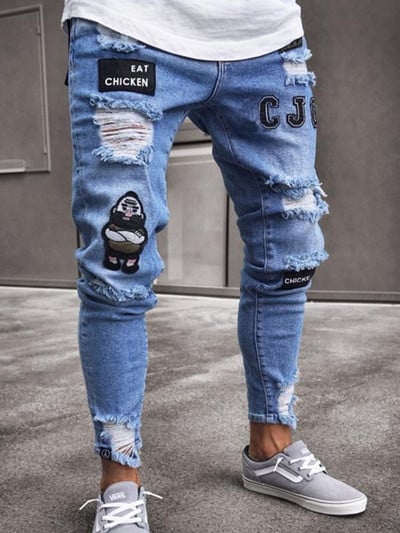 Ανδρικό τζιν με μπογιά Skinny Jeans Sexy Hole Grid Stretch Denim Παντελόνι Casual MAN Ελαστική μέση Patchwork Παντελόνι για τζόκινγκ