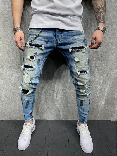 Ανδρικό τζιν με μπογιά Skinny Jeans Sexy Hole Grid Stretch Denim Παντελόνι Casual MAN Ελαστική μέση Patchwork Παντελόνι για τζόκινγκ