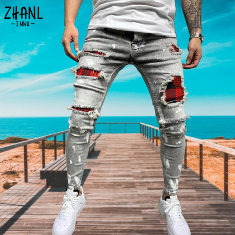 Ανδρικό τζιν με μπογιά Skinny Jeans Sexy Hole Grid Stretch Denim Παντελόνι Casual MAN Ελαστική μέση Patchwork Παντελόνι για τζόκινγκ