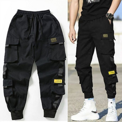 Мъжки черни джобни карго панталони Harem Joggers Harajuku Sweatpant Хип-хоп тактически панталони