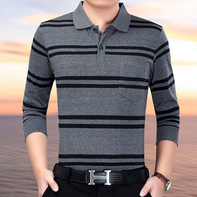 Proljeće ljeto Majica kratkih rukava za muškarce Pamuk V izrez dugih rukava džepovi Udoban ležeran pulover na pruge Svečana odjeća