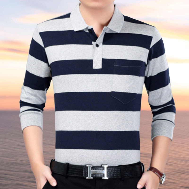 Proljeće ljeto Majica kratkih rukava za muškarce Pamuk V izrez dugih rukava džepovi Udoban ležeran pulover na pruge Svečana odjeća