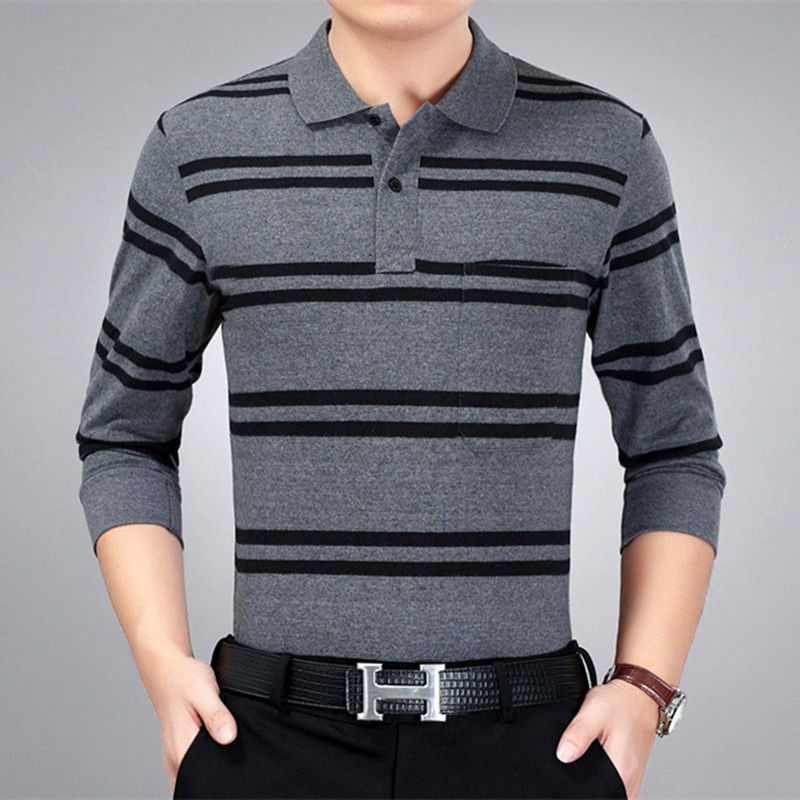 Proljeće ljeto Majica kratkih rukava za muškarce Pamuk V izrez dugih rukava džepovi Udoban ležeran pulover na pruge Svečana odjeća