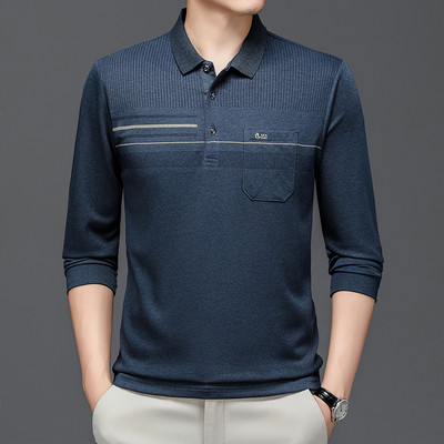 Modni gornji dio muške jednobojne polo majice s dugim rukavima i pletenim reverom, poslovno ležerno, jesen-zima