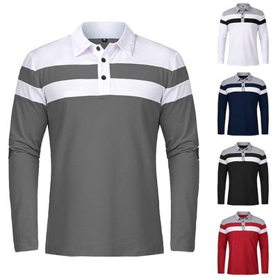 Tricou casual cu guler pentru bărbați, cu mânecă lungă, slim fit, cu dungi late, pulover cu butoni, Topuri, tricou cu mânecă lungă, îmbrăcăminte sport