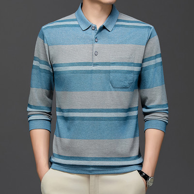 Muška polo majica s prugama za jesen i zimu, pletena odjeća s dugim rukavima i ovratnikom, poslovno ležerna modna majica