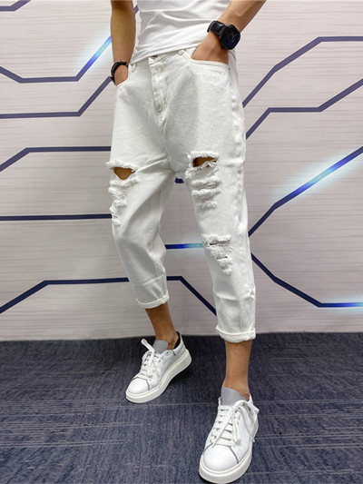 Japonijos tendencija Nauji vyriški džinsai su plyštais skylutėmis balti žalia juoda iki kulkšnies jaunystės mados laisvos džinsinės haremo krovininės kelnės