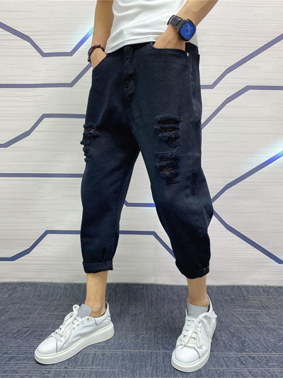 Japonijos tendencija Nauji vyriški džinsai su plyštais skylutėmis balti žalia juoda iki kulkšnies jaunystės mados laisvos džinsinės haremo krovininės kelnės