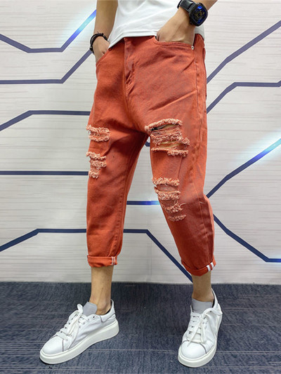 Japonijos tendencija Nauji vyriški džinsai su plyštais skylutėmis balti žalia juoda iki kulkšnies jaunystės mados laisvos džinsinės haremo krovininės kelnės