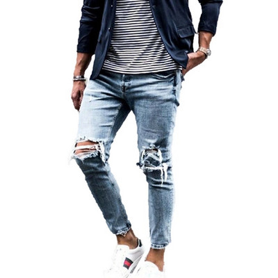 Ανδρικά τζιν Streetwear Knee Ripped Skinny Hip Hop Fashion Παντελόνι Estroyed Hole Μονόχρωμο Ανδρικό Stretch Casual Denim Μεγάλο παντελόνι