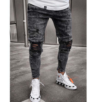 Ανδρικά τζιν Streetwear Knee Ripped Skinny Hip Hop Fashion Παντελόνι Estroyed Hole Μονόχρωμο Ανδρικό Stretch Casual Denim Μεγάλο παντελόνι