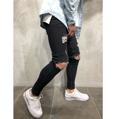 Ανδρικά τζιν Streetwear Knee Ripped Skinny Hip Hop Fashion Παντελόνι Estroyed Hole Μονόχρωμο Ανδρικό Stretch Casual Denim Μεγάλο παντελόνι