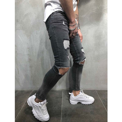 Ανδρικά τζιν Streetwear Knee Ripped Skinny Hip Hop Fashion Παντελόνι Estroyed Hole Μονόχρωμο Ανδρικό Stretch Casual Denim Μεγάλο παντελόνι