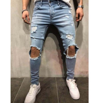 Ανδρικά τζιν Streetwear Knee Ripped Skinny Hip Hop Fashion Παντελόνι Estroyed Hole Μονόχρωμο Ανδρικό Stretch Casual Denim Μεγάλο παντελόνι