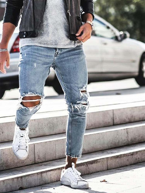 Ανδρικά τζιν Streetwear Knee Ripped Skinny Hip Hop Fashion Παντελόνι Estroyed Hole Μονόχρωμο Ανδρικό Stretch Casual Denim Μεγάλο παντελόνι