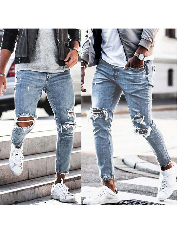 Ανδρικά τζιν Streetwear Knee Ripped Skinny Hip Hop Fashion Παντελόνι Estroyed Hole Μονόχρωμο Ανδρικό Stretch Casual Denim Μεγάλο παντελόνι