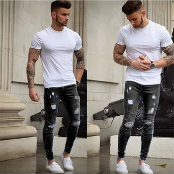 S/4XL Мъжки разтегливи байкерски дънки Skinny Destroed Taped Slim Fit Denim Pencil Pants Скъсани дънки за мъже Светло синьо Streetwear