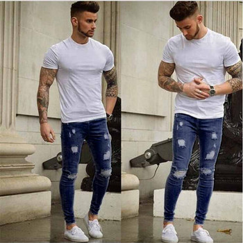 S/4XL Мъжки разтегливи байкерски дънки Skinny Destroed Taped Slim Fit Denim Pencil Pants Скъсани дънки за мъже Светло синьо Streetwear