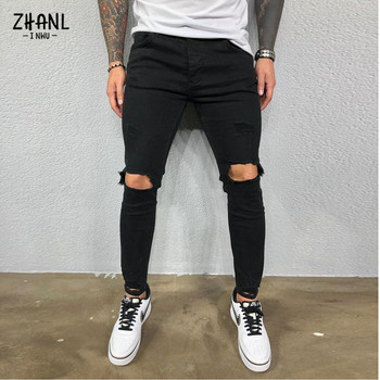 Streetwear Скъсани мъжки тесни панталони Broken Man Jeans Joggers Модни черни ежедневни хип-хоп каубойски панталони с еластична талия Мъжки дрехи