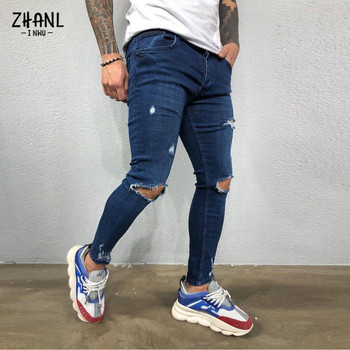 Streetwear Скъсани мъжки тесни панталони Broken Man Jeans Joggers Модни черни ежедневни хип-хоп каубойски панталони с еластична талия Мъжки дрехи