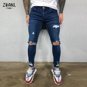 Streetwear Скъсани мъжки тесни панталони Broken Man Jeans Joggers Модни черни ежедневни хип-хоп каубойски панталони с еластична талия Мъжки дрехи