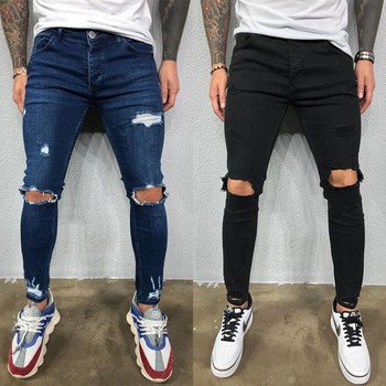 Streetwear Скъсани мъжки тесни панталони Broken Man Jeans Joggers Модни черни ежедневни хип-хоп каубойски панталони с еластична талия Мъжки дрехи