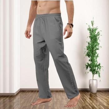 Есенни памучни ленени дълги панталони Мъжки нови модни спортни панталони Едноцветни свободни ластични връзки на талията Фитнес ежедневни панталони