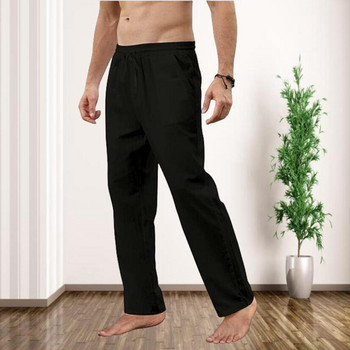 Есенни памучни ленени дълги панталони Мъжки нови модни спортни панталони Едноцветни свободни ластични връзки на талията Фитнес ежедневни панталони