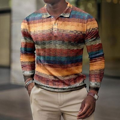 2023. aasta kevad, uus Euroopa ja Ameerika 3D-printimisega vabaaja retro pikkade varrukatega meeste polosärk