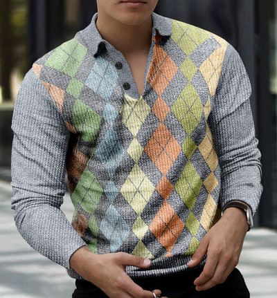 2023. aasta kevad, uus Euroopa ja Ameerika 3D-printimisega vabaaja retro pikkade varrukatega meeste polosärk