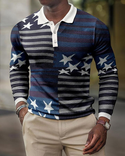 2023. aasta kevad, uus Euroopa ja Ameerika 3D-printimisega vabaaja retro pikkade varrukatega meeste polosärk