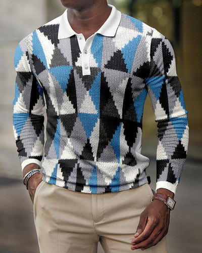 2023. aasta kevad, uus Euroopa ja Ameerika 3D-printimisega vabaaja retro pikkade varrukatega meeste polosärk