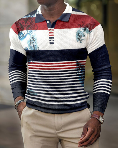 2023. aasta kevad, uus Euroopa ja Ameerika 3D-printimisega vabaaja retro pikkade varrukatega meeste polosärk