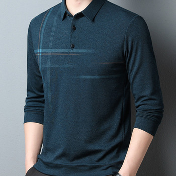 Пролет Нова поло тениска с дълъг ръкав Мъжки пуловер с ревери Тениска с щампи с имитация на вълна Бизнес свободно време Пуловер с щампи на райета