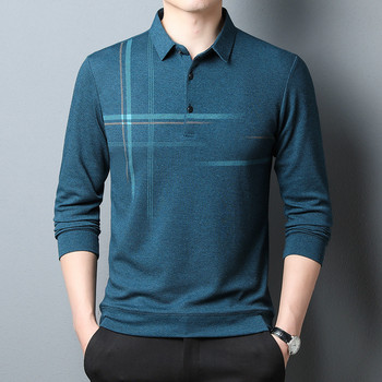 Пролет Нова поло тениска с дълъг ръкав Мъжки пуловер с ревери Тениска с щампи с имитация на вълна Бизнес свободно време Пуловер с щампи на райета