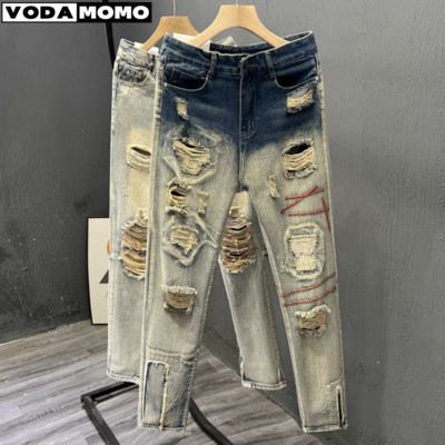 Ανδρικό τζιν με τρύπα Slim Fit Skinny τζιν Hip hop μόδα Streetwear συνονθύλευμα τζιν Elasticity Gothic ανδρικό παντελόνι παντελόνι