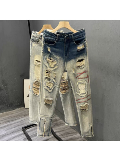 Poderane traperice s rupama muške Slim Fit Skinny traperice Hip hop moda Streetwear patchwork traperice Elasticity Gothic hlače muške pantalone