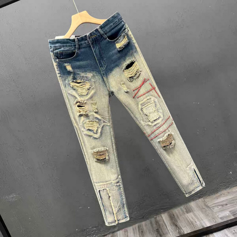 Poderane traperice s rupama muške Slim Fit Skinny traperice Hip hop moda Streetwear patchwork traperice Elasticity Gothic hlače muške pantalone