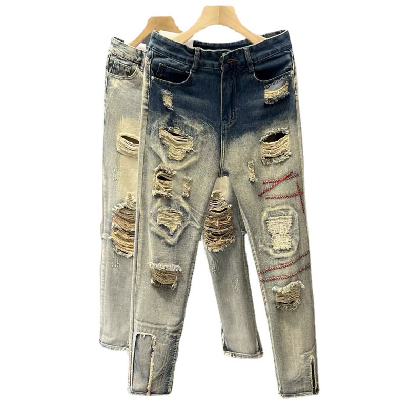 Poderane traperice s rupama muške Slim Fit Skinny traperice Hip hop moda Streetwear patchwork traperice Elasticity Gothic hlače muške pantalone