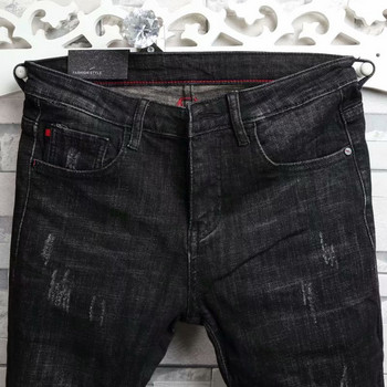 Мъжки летни нови еластични тесни корейски клинове Spirit Guy Skinny Black Denim Jeans Ежедневни мъжки дизайнерски скъсани панталони