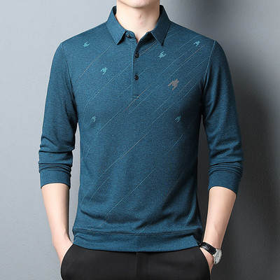 Kevadine uus pikkade varrukatega vabaaja T-särk Meeste lahtikäiva kraega Moodne lahtised soliidsed T-särgid, nööbiga graafilised trükitud topid